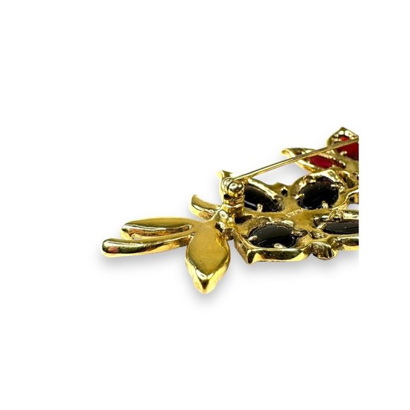 Monet Gold Tone Red Crystal Flower Leaves Brooch Vintage 3 3/4” x 1 1/2” - Picture 7 of 9